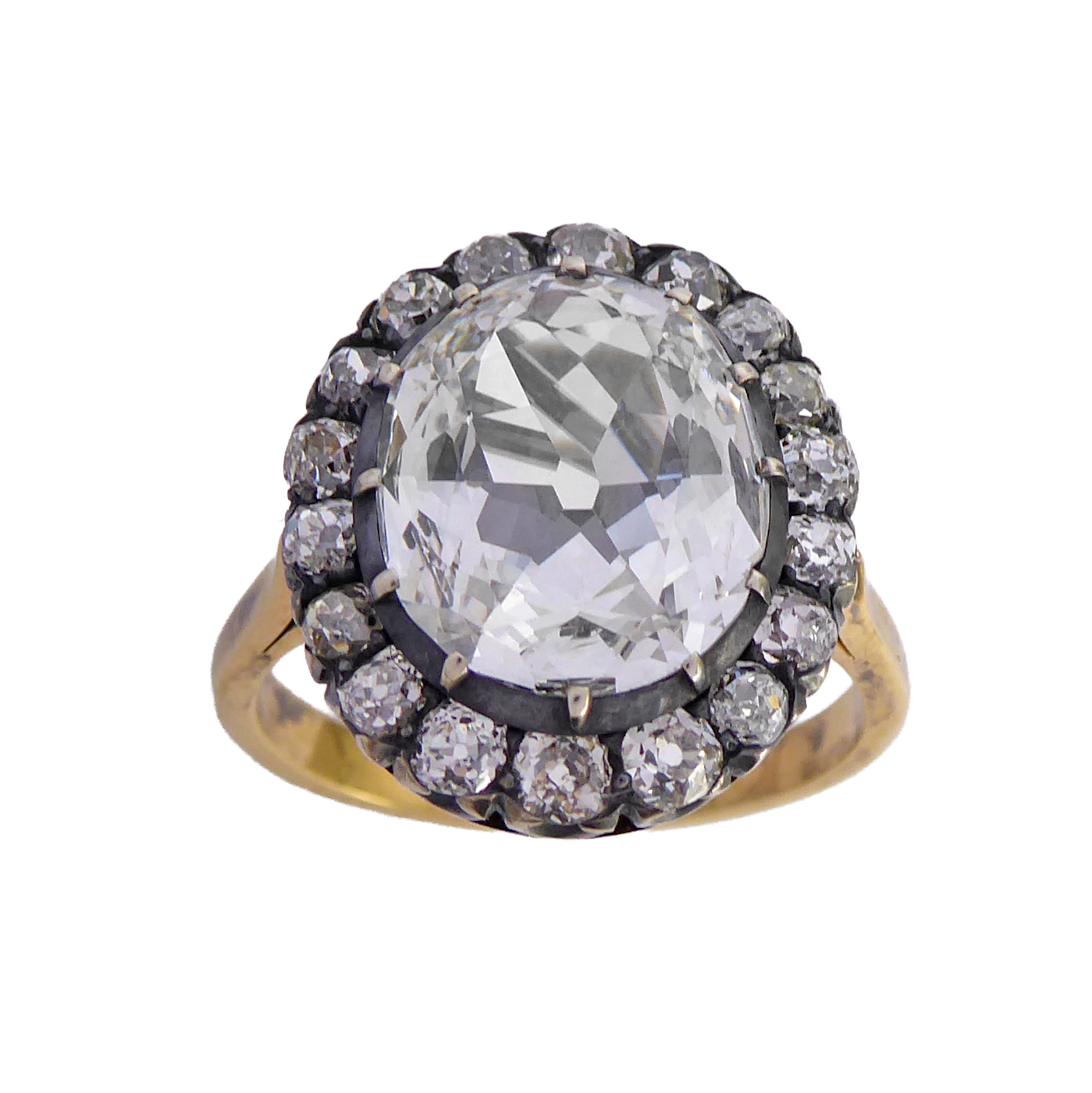 Antique old cut diamond cluster ring of oval shape, c.1900, the old ovalish-oblong brilliant cut diamond, very approximately 2.50ct,